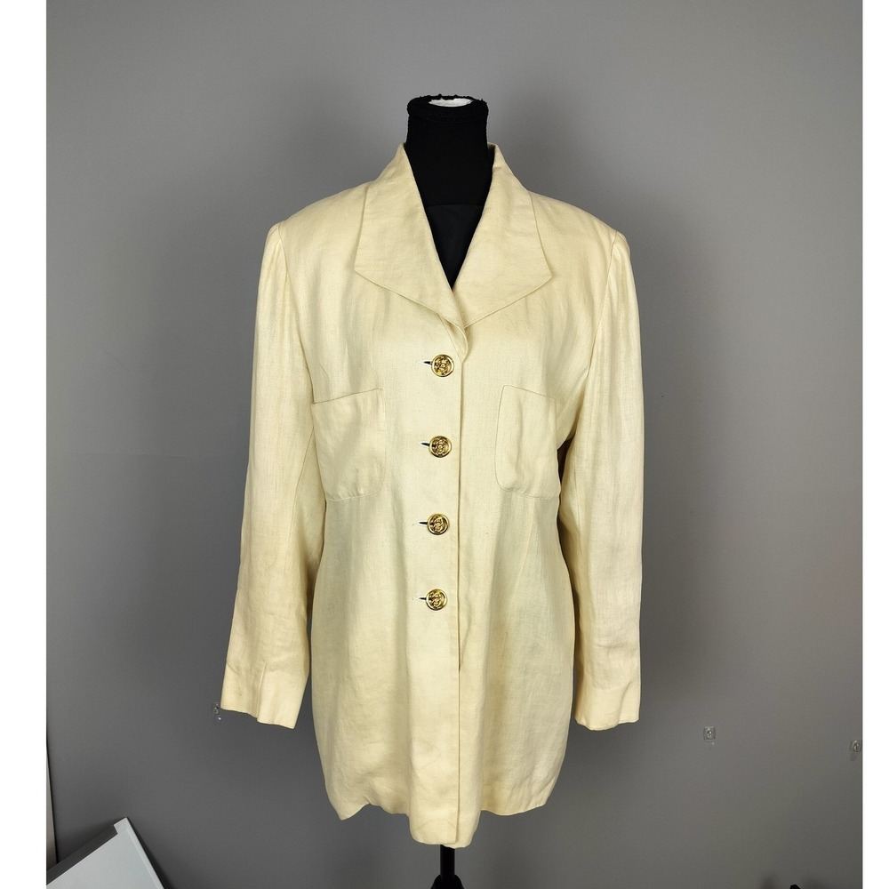 Vintage Linen Tailored Longline Blazer Women XL Ivory Gold Button Sunny Choi